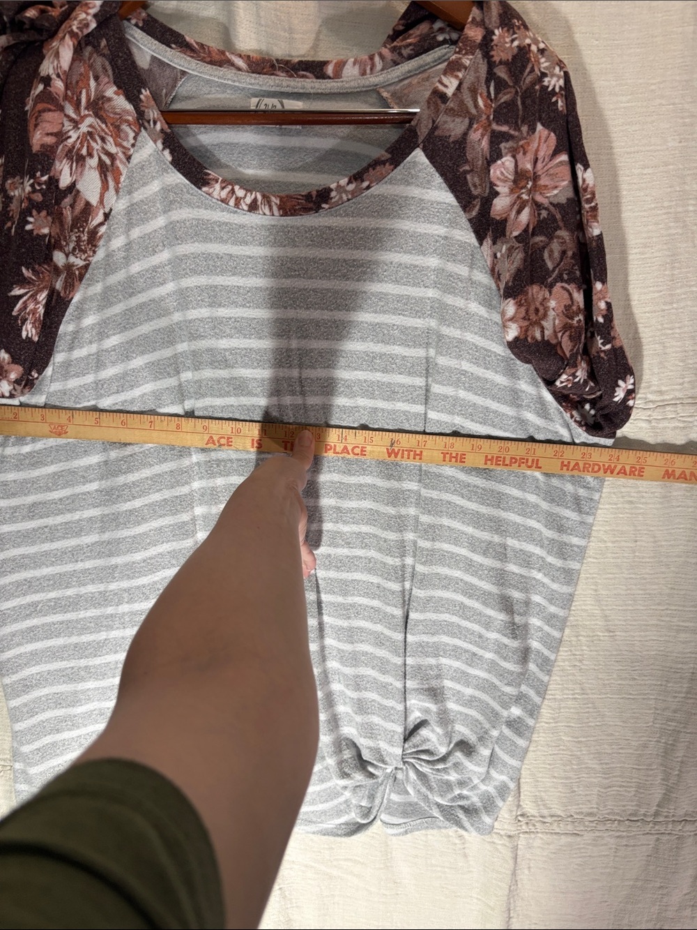 Gray Striped Long-Sleeve Raglan Tee with Brown Floral Sleeves - Picture 10 of 16